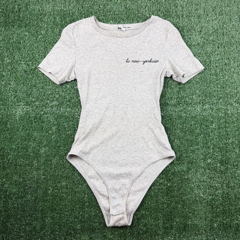 Tally Weijl Heather Grey La New-Yorkaise Script Graphic Bodysuit Small
